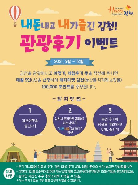 김천 관광 후기 남기면 매월 우수 5인 선정, 김천 농산물 직거래 쇼핑몰 포인트 증정
