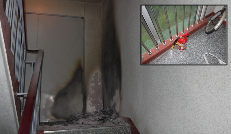 아파트 계단실 화재, 동네주민이 소화기 사용하여 초기 진화